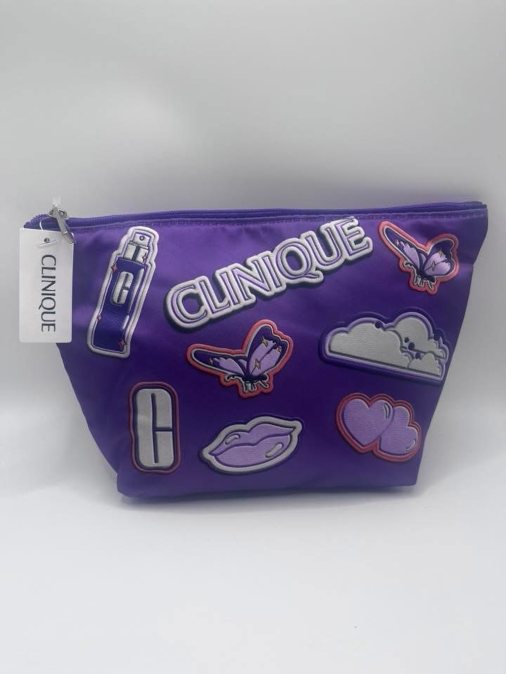 Clinique Purple Embroidered Patch Cosmetic Pouch